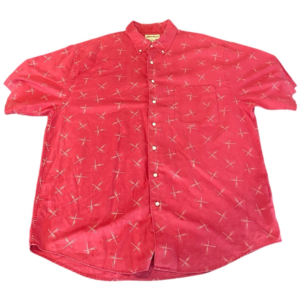 Eddie Bauer Casual Button Down Shirt Mens XL Tall Paddle Oar Print Linen Cotton